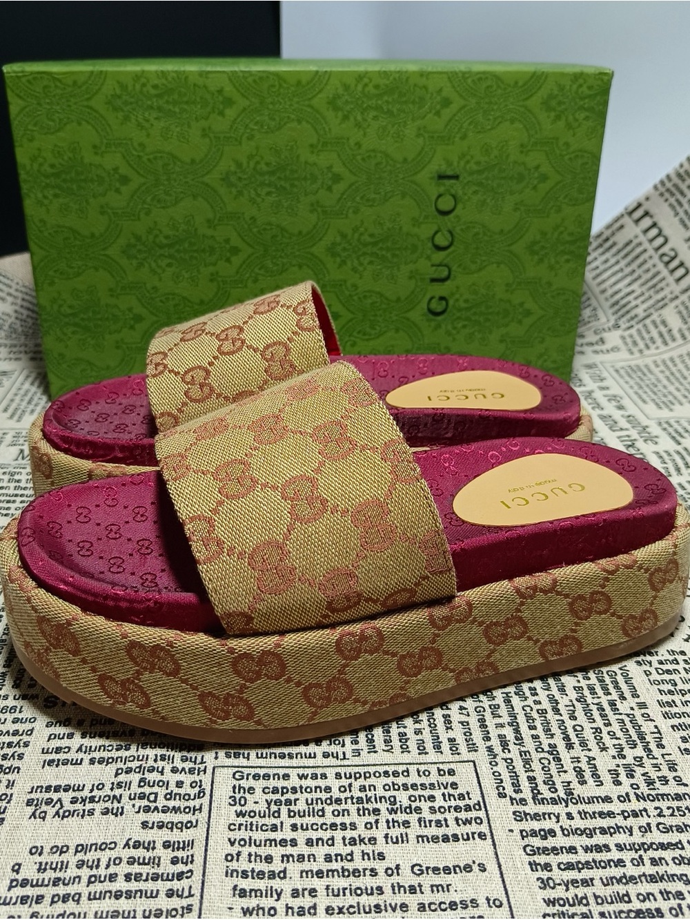 GUCCI Canvas GG Monogram Angelina Platform Slide Sandals